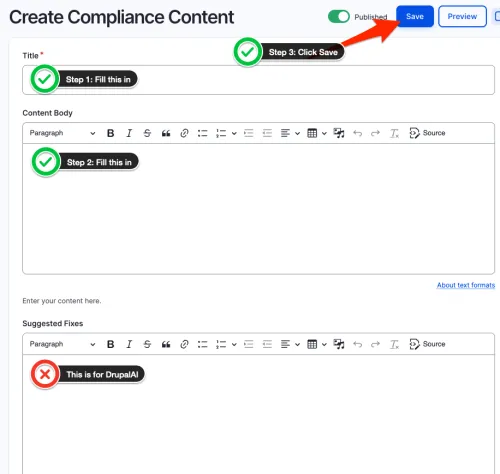Web form interface with compliance content creation options and checkboxes